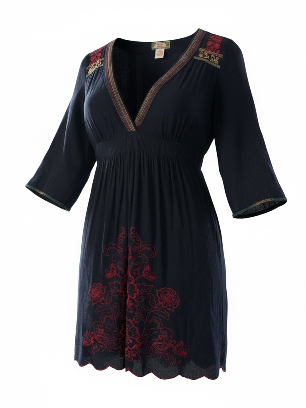 Embroidered V-Neck Tunic Dress in Navy with Magenta Floral Detail